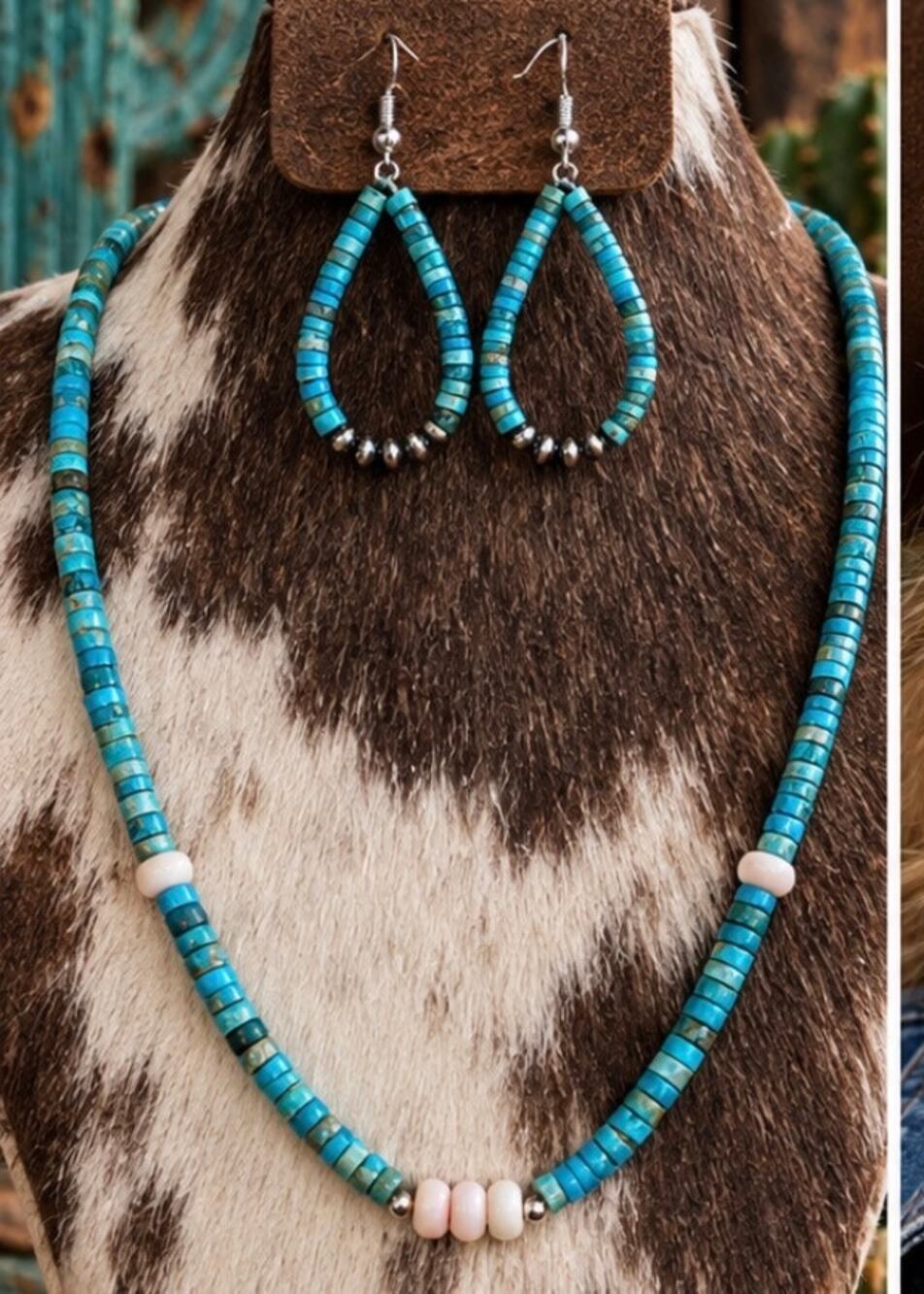 Turquoise| Jasper Heishi necklace with Pink Conch & Matching Earrings.